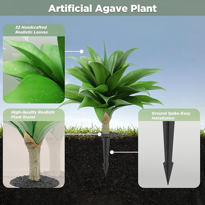 15 Inch Artificial Agave Plant with Ground Stake, Realistic Faux Succulents for Home Decor, UV-Resistant Fake Agave Plant for Indoor Outdoor Planters, Porch, Patio, Balcony, Poolside, 2 Pack