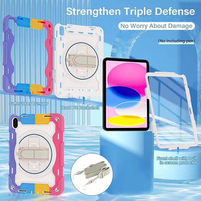 for iPad 9th 8th 7th Gen Case 10.2 inch with Screen Protector | 360° Rotating Kickstand Hand Strap Shoulder Strap Heavy Duty Military Grade - Kids Friendly