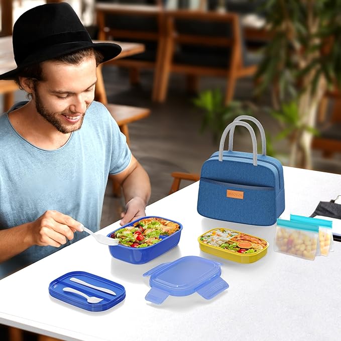 JBGOYON® Blue Bento Lunch Box Set - 3 Stackable Containers for Adults and Kids - Includes Lunch Bag, Leak-Proof and BPA-Free - Built-in Utensil Set and Snack Bag - Dishwasher Safe