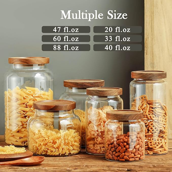 Labina Glass Storage Container Airtight Food Jars Kitchen Canister with Wood Lids, 33 Oz Wide Mouth Pantry Organization Glass Jar for Flour, Sugar, Cookie, Spagetti, Nuts and Candy (2 Pack)