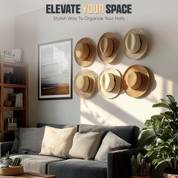 Modern JP Adhesive Hat Hooks for Wall (12-Pack) - Cowboy Hat Rack, Wide Brim Hat Organizer, Strong Hold Hat Hangers for Wall - Clear