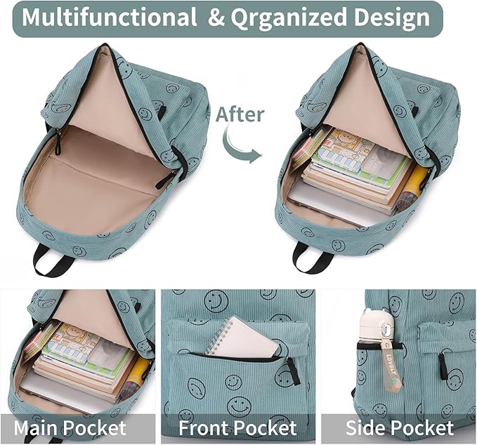 Backpack for Girls Boy Teen Corduroy Bookbags Elementary Middle High School Women Laptop Bag with Lunch Box Pencil Bag (Smile Green)