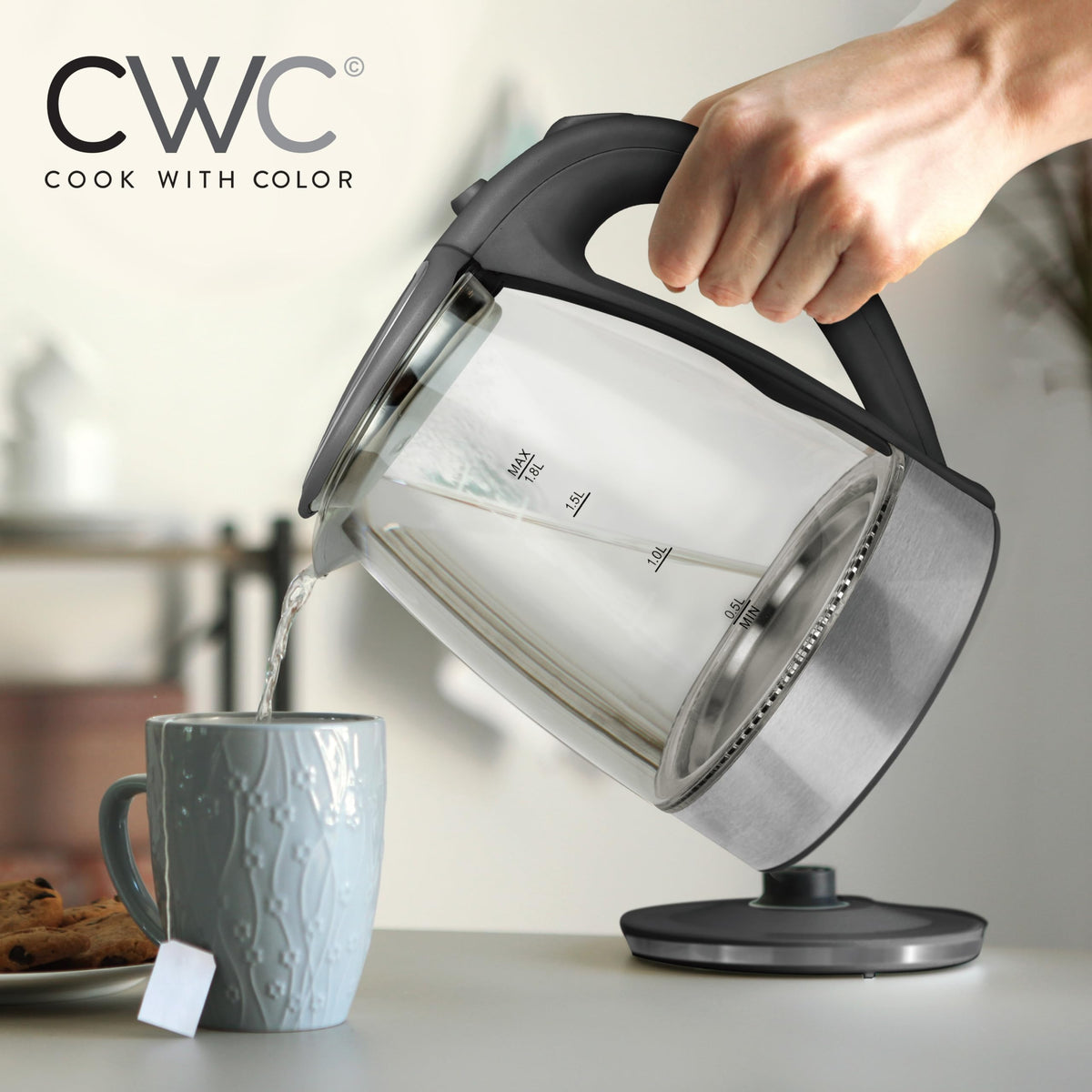 COOK WITH COLOR Electric Tea Kettle, 1.8L Cordless Hot Water Boiler, 1200W Rapid Boil, Auto Shutoff & Boil Dry Protection, BPA-Free, Sleek Countertop Design, Black