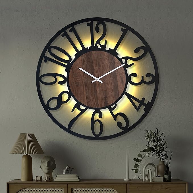 Casaformia 30'' Large Silent Wall Clock with Night Light, Glow in The Dark Decorative Wall Clock Battery Operated, Rustic Modern Metal & Wood Clocks for Bedroom Living Room Decor, Arabic Numerals
