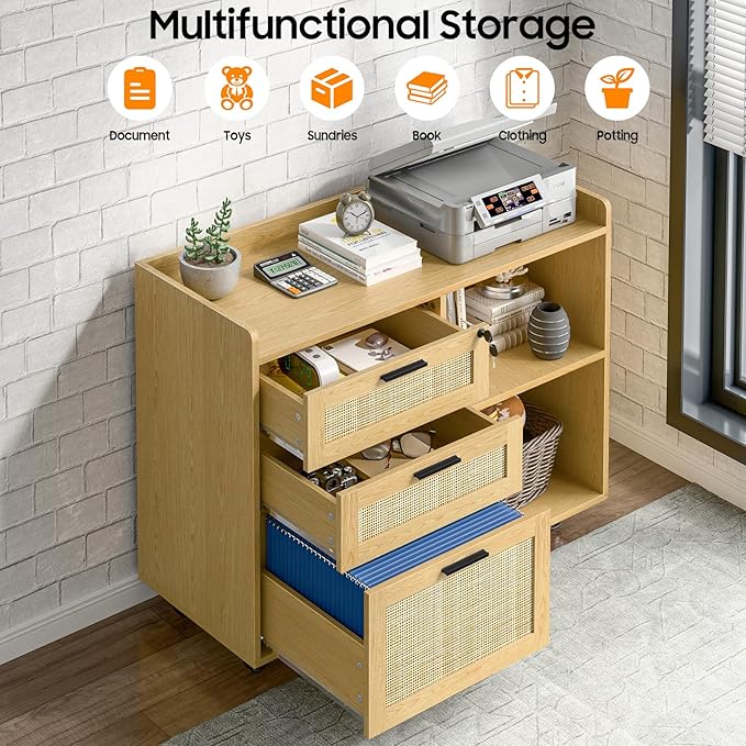 Rattan File Cabinets, 3 Drawer Lateral Filing Organization Storage Cabinets with Lock, Rolling Printer Stand Home Office Organizer for Hanging Files Letter/Legal/A4 Size, Oak