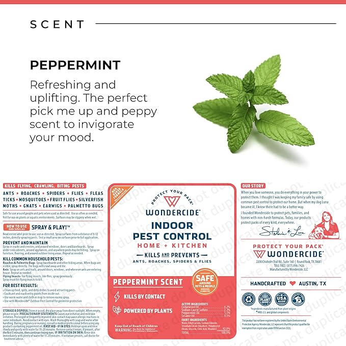 Wondercide - Indoor Pest Control Spray for Home and Kitchen - Ant, Roach, Spider, Fly, Flea, Bug Killer and Insect Repellent - with Natural Essential Oils - Pet and Family Safe — Peppermint 16 oz