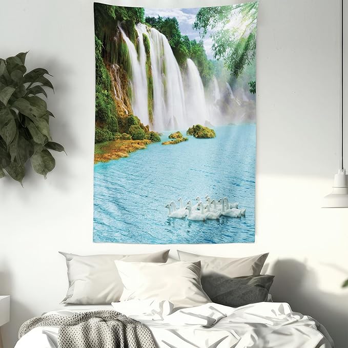 Ambesonne Waterfall Tapestry, Image of a Grand Waterfall with Swans in the Lake Sunny Day Nature Print, Fabric Wall Hanging Decor for Bedroom Living Room Dorm, 23" X 28", White Green