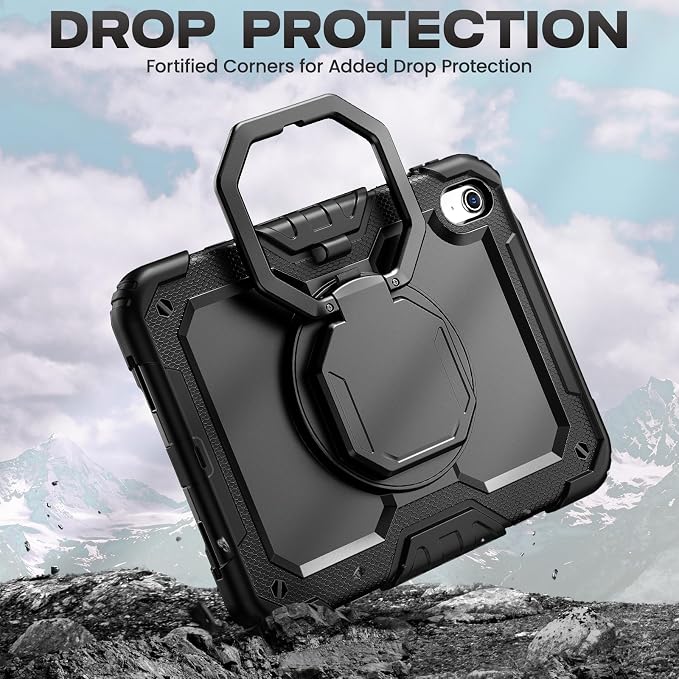 SEYMAC stock Handle Case for iPad (A16) 11th / 10th Gen 11'' /10.9'' Black | Full-Body Drop Protection Shockproof Case Pencil Holder Screen Protector 360 Ring Handle Stand 2025/2022 Released