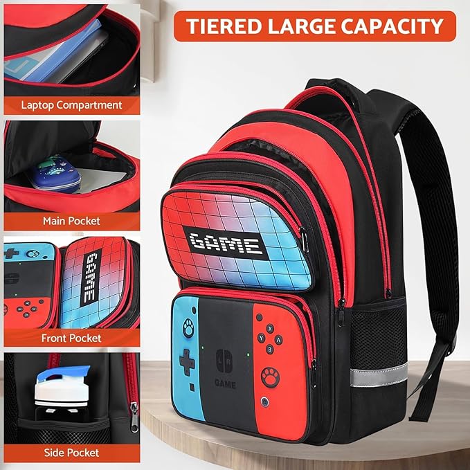 School Backpack for Boys - 3pcs Gamer Boys Backpack with Lunch Box and Pencil Case for Kids Children Teens Elementary Middle School - HFHTDC Video Game Bookbag 17″ Large Capacity