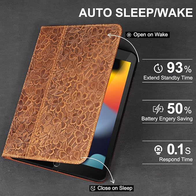 Leather Case for iPad 10.2 Inch9th/8th/7th Gen 2021/2020/2019 | Genuine Top Grain LeatherSmart Folio Pencil HolderAuto Sleep/WakeProtective ShockproofAdjustable StandSilver Black