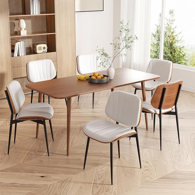 Dining Chairs Set of 2, Mid Century Modern Dining Room Chair, Upholstered Faux Leather Kitchen Chairs with Walnut Bentwood Back and Metal Legs for Kitchen Dining Room Living Room, White