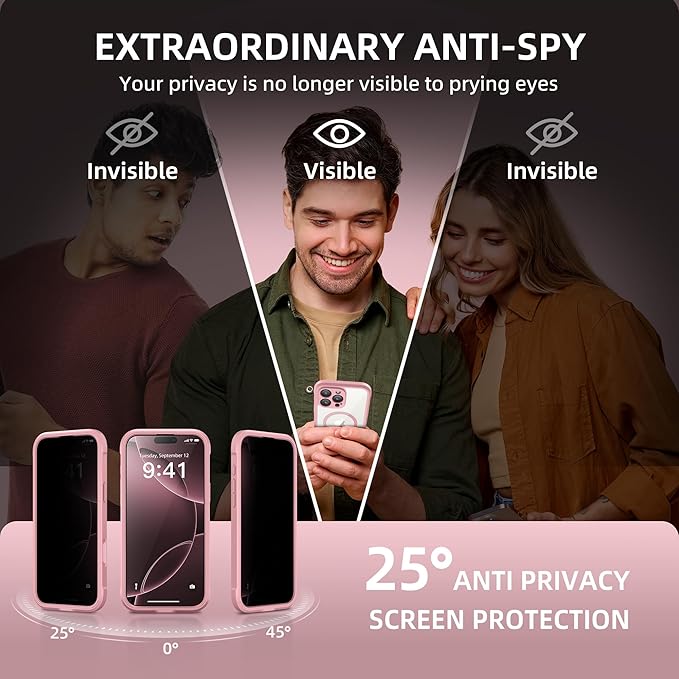 BERFY Magnetic for iPhone 16 Pro Case, Compatible with MagSafe, Built-in Privacy Screen Protector and Upgraded Camera Protection, Anti-Spy Full Body Shockproof Phone Case for 16 Pro 6.3", Pink