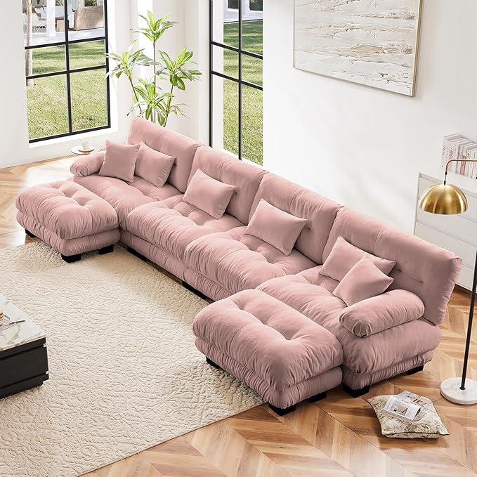173.2" Oversized Couch, 4 Seater Modular Sectional Sofa, Pink Large U Shaped Fluffy Couch Set, Chenille Cloud Sofas with Ottoman for Living Room
