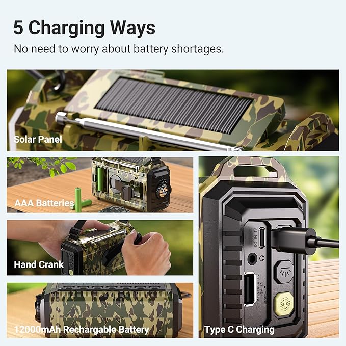 Emergency Radio 12000, Auto Digital Weather Radio Portable AM FM SW NOAA, Battery Operated Rechargeable Solar Hand Crank Radio with Flashlight, Cell Phone Charger, SOS, Type C Adapter