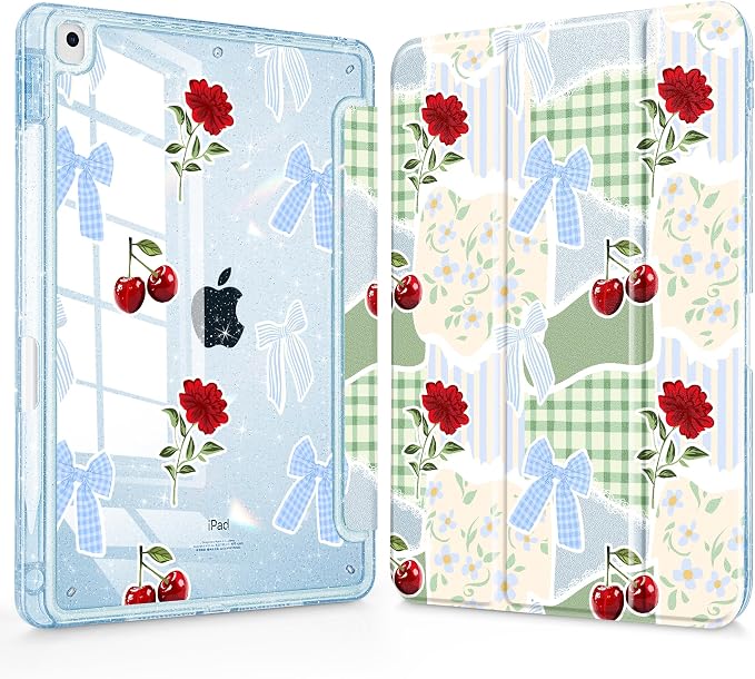 Mektron Sparkly Case for iPad 10.2 inch Glitter Tablet Cases for iPad 9th Gen 2021/8th Gen 2020/7th Gen 2019 Cover with Shiny Clear Back Shell Foldable Bling Smart Cover Blue Floral