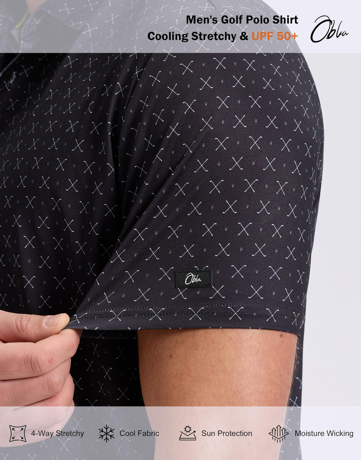 Obla Mens Golf Polo Shirts Short Sleeve Dry Fit Performance Moisture Wicking Casual Print Collared Golf Shirts for Men (Black Golf Clubs_XXL)