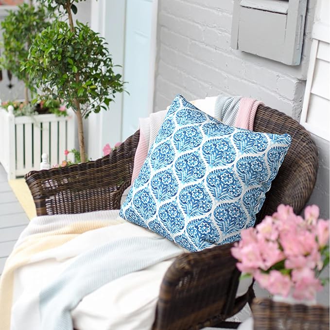 Outdoor Pillows for Patio Furniture 18x18 inch, Square Outdoor Throw Pillows with Inserts, Decorative Toss Pillows for Garden Couch Home Sofa Office Chair, Pack of 2, Celadon Geometric