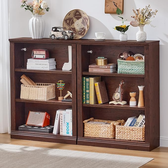 43" Walnut Tall Bookshelf Set of 4,3-Tier Thick Wooden Book Shelf with Adjustable Shelves,Free Standing Farmhouse Bookcase with Open Display Storage,Floor Vintage Bookshelves for Living Room