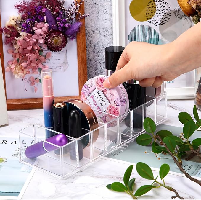 Tuanse 8 Pcs Acrylic Makeup Compact Organizer Detachable 8 Spaces Clear Vanity Drawer Organizer Eyeshadow Palette Storage for Lipstick Highlighter, Skincare Cosmetic Display Cases for Bathroom