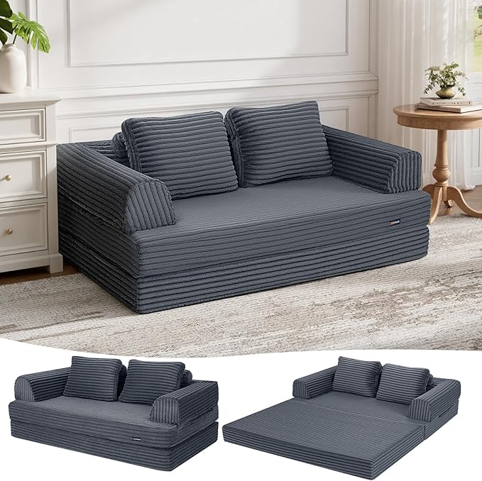 COMAX Convertible Sofa Bed, Folding Floor Couch Corduroy Fold Out Couch Bed Futon Sleeper Mattress with Pillows, Boneless Sofa Comfy Lounge Loveseat for Living Room Bedroom, Plush Grey
