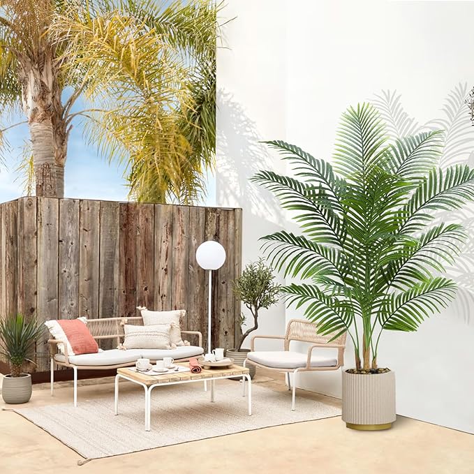 2 Pack Artificial Palm Tree Indoor Plant 6FT Tall Fake Tropical Palm Tree in Pot, Real Bark Design Faux Areca Palm Tree for Home Office Living Room Bedroom Farmhouse Modern Outdoor Topiary Tree