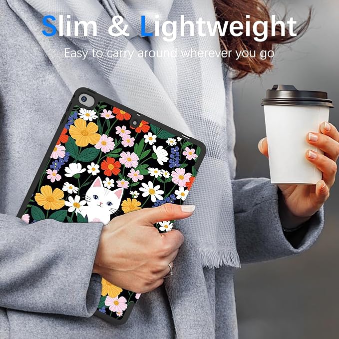 Case for iPad 6th / 5th Generation 9.7-inch iPad Air 2 /Air 1 | Smart Trifold Stand Shockproof Case with Pencil Holder Auto Wake/Sleep Cover Viewing &amp Typing Angles Black Flowers