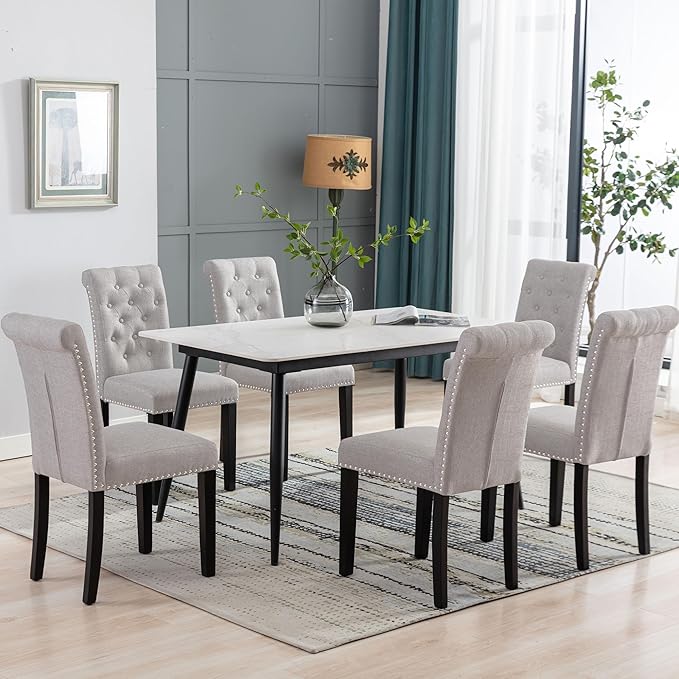 Westice Dining Room Chairs Set of 2 Upholstered Fabric Kitchen Chairs Dining Room Side Chair with Nailhead Trim and Rubber Wood Legs for Small Space Apartment, Light Gray