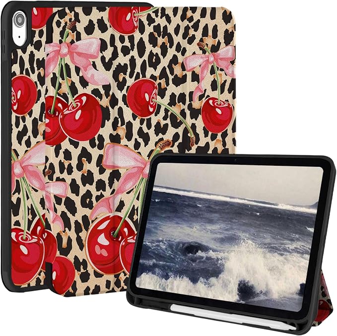 Case for iPad 9th/ 8th/ 7th Generation Case 10.2&amp10.5 Inch (2021/2020/2019 Release) Slim Lightweight Soft Trifold Back Cover with Pencil Holder &amp Auto Sleep/Wake Cover Cherries Cheetah Bows