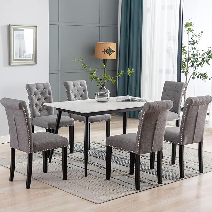 Westice Dining Room Chairs Set of 6 Upholstered Fabric Kitchen Chairs Dining Room Side Chair with Nailhead Trim and Rubber Wood Legs for Small Space Apartment, Gray
