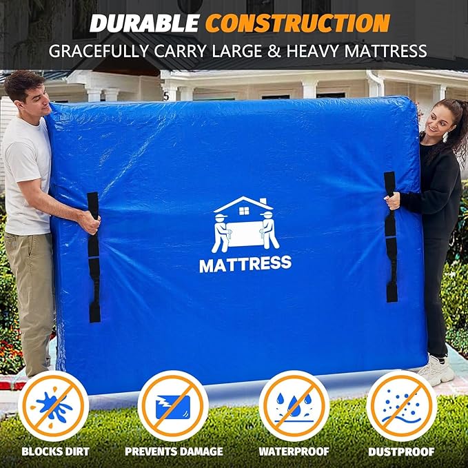 Mattress Bags for Moving, BETU Mattress Protector Waterproof Mattress Cover Twin XL Size Storage Bags with 8 Heavy-Duty Handles and Zipper for College Bed Extra Thick Large(2 Pack:82"x42"x15" Blue)