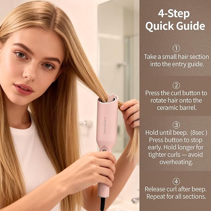 Inovocare Upgraded Automatic Rotating Curling Iron - CurlPro Plus Long Barrel Curling Wand for Long Hair, Ceramic Hair Curler for Women, Anti-Scald, Tangle-Free, 600M Ionic, Dual Voltage (Misty Rose)