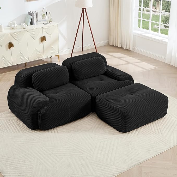 Black Ottoman for Modular Sectional Sofa, Corduroy Deep Seat for Oversized Compressed Boneless Sectional Couches for Living Room Bedroom Apartment, Cloud Sofa Couch, Memory Foam, No Assembly