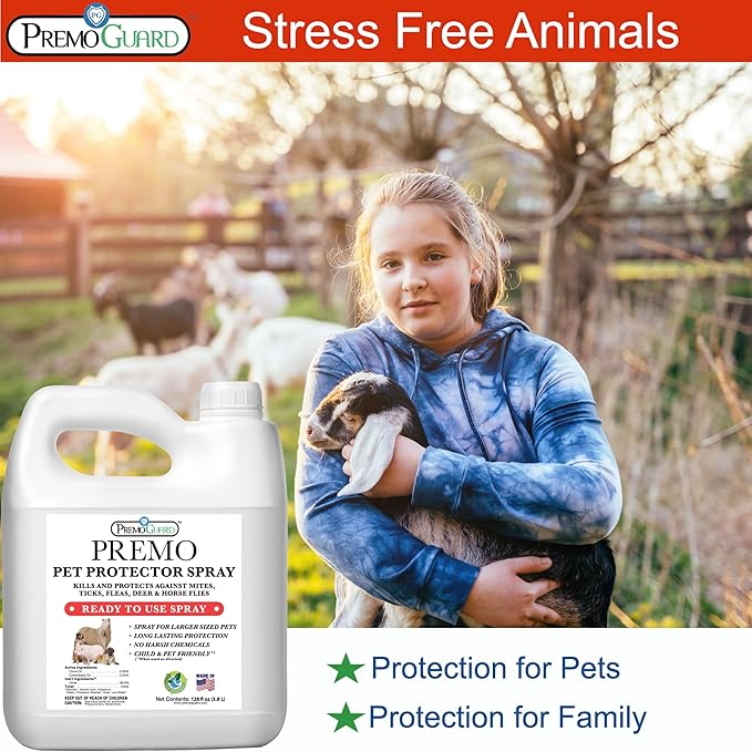 Premo Guard Pet Protector Spray - 128 oz - Kills Mites, Fleas, Ticks, & Mosquitoes - for Dogs, Cats, & Home - Natural Plant Based Oils for Control, Prevention & Treatment - Family Safe