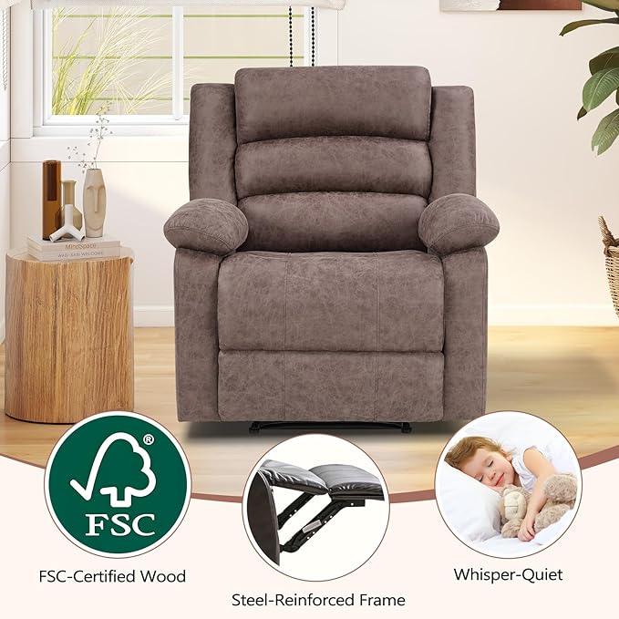 ANJ Recliner Chair, Overstuffed Manual Living Room Reclining Chair in Breathable Faux Leather