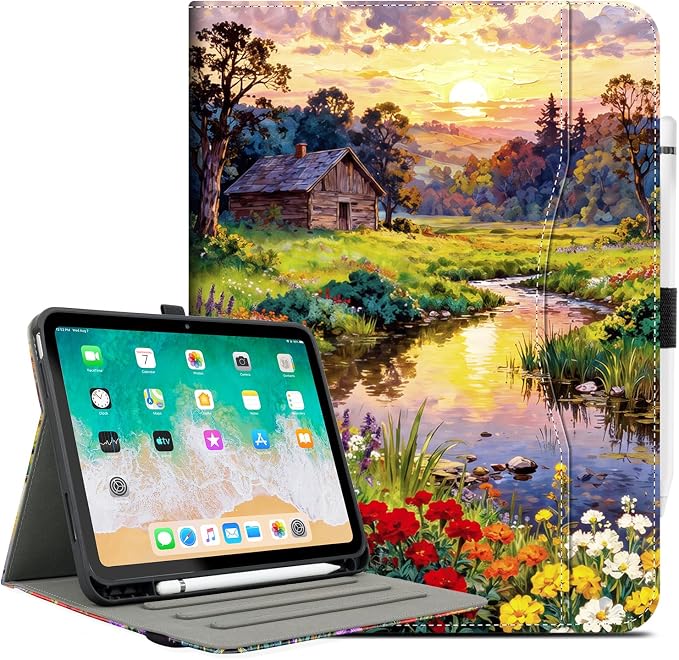 Lokigo Case for iPad (A16) 11th/10th Generation Aurora Forest | for iPad 11th-11 Inch/10th-10.9 Inch Stand Cover Pencil Holder/Hand Strap/Pocket Support Touch ID Auto Wake/Sleep