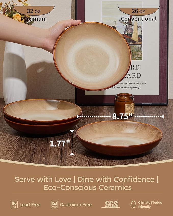 Ceramic 32 Oz Pasta Bowls, 8.75 Inch Reactive Glaze Pasta Bowl Set of 4, Microwave & Dishwasher Safe, Large Wide Serving Bowls for Salad, Dessert, Soup, Fruit, Brown and Yellow