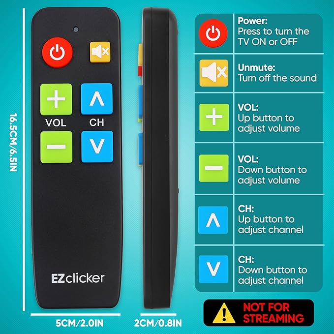 EZclicker TV Remote for Seniors, Extra Simple Big Button Remote (Black) Works with Major TV Brands, NOT for Streaming (2xAAA Batteries Not Included)