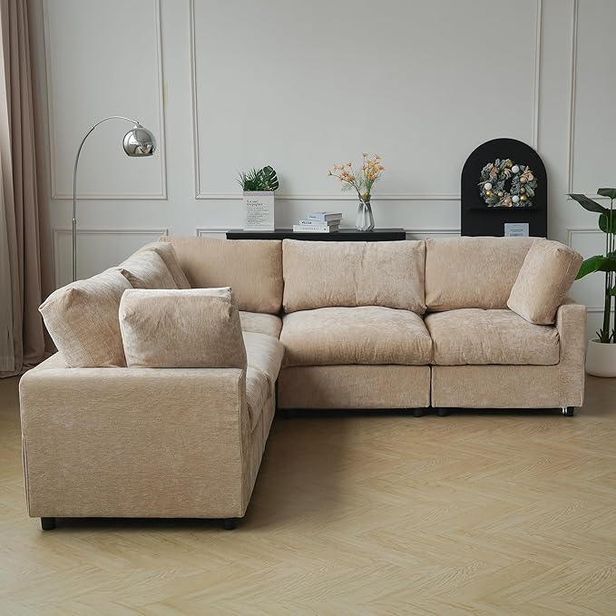 JACH V Shape Sectional Couches for Living Room, Deep Seat Convertible Modular Sofa, Cloud Sectional Couch, Sofa Covers Washable, Minimalist Couch for Living Room, Apartment, Khaki