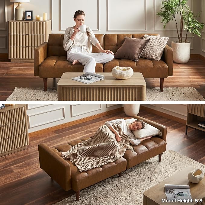 mopio 76.4" Futon Sofa Bed, Couch, Loveseat, Sleeper Sofa, Mid Century Modern Futon Couch, Sofa Cama, Couches for Living Room (Aaron PU, Pecan Brown)