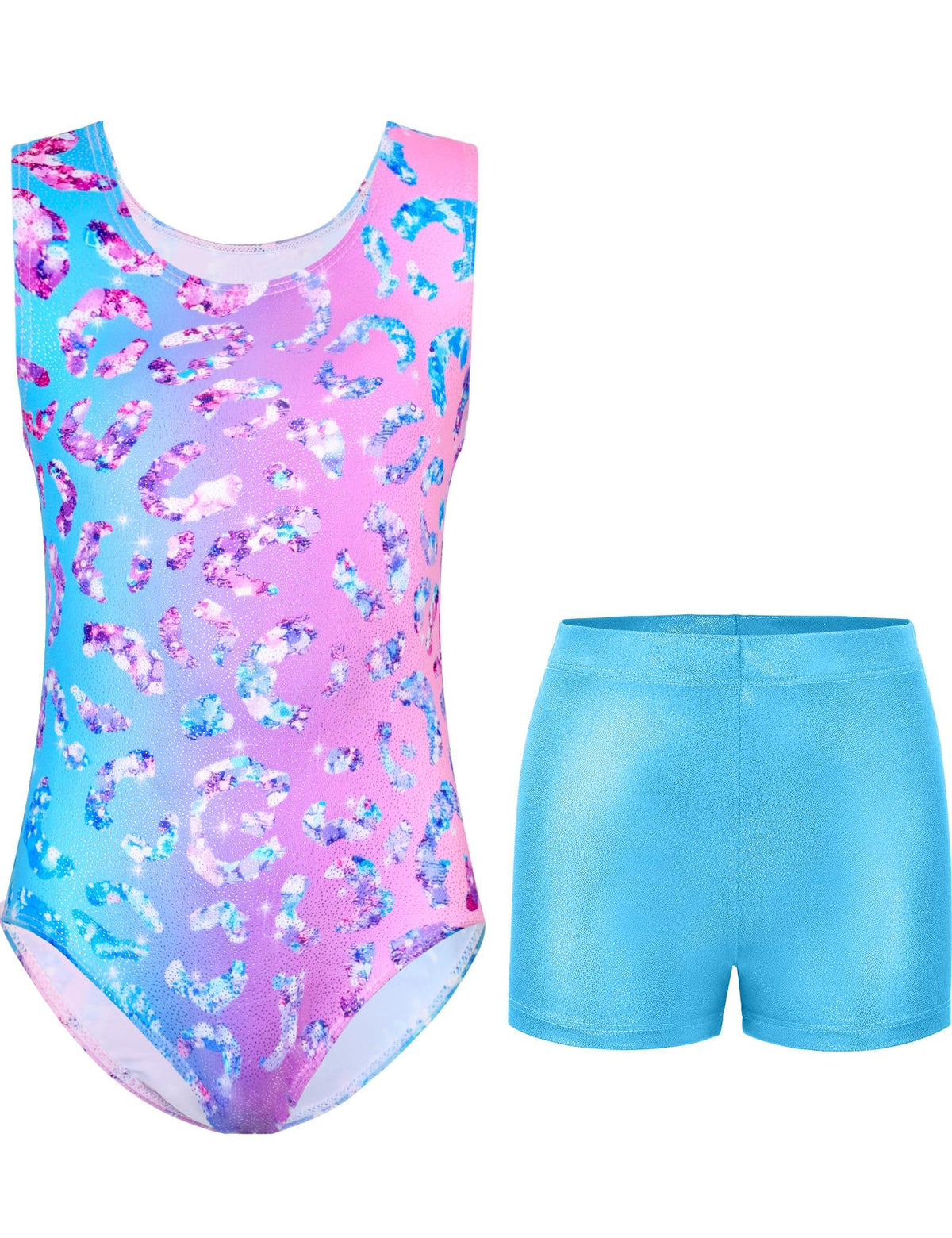 Kirinkylin Gymnastics Leotards for Girls 7 8 Years Pink Green Purple Leopard Print Training Unitard with Shorts