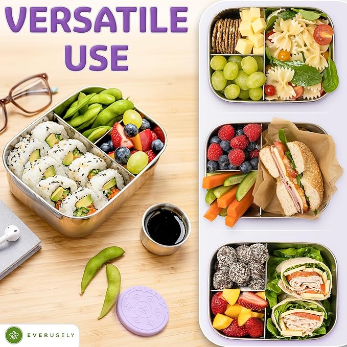 Everusely - Bento Box - Lavender, 27oz / 0.8 L - Stainless Steel Lunch Box with Leakproof Condiment Container - 3 Compartment Snack Organizer for On the Go Meals - Freezer & Dishwasher Safe