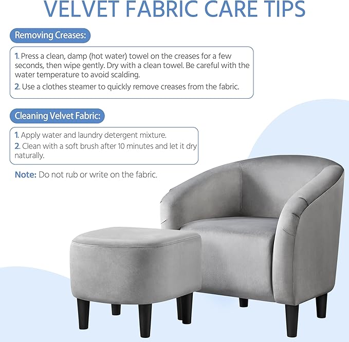 Yaheetech Accent Chair with Foot Rest, Mid Century Modern Upholstered Soft Barrel Chair Comfy Fabric Armchair and Footrest Set for Living Room/Bedroom/Reading Room, Gray, 2pcs
