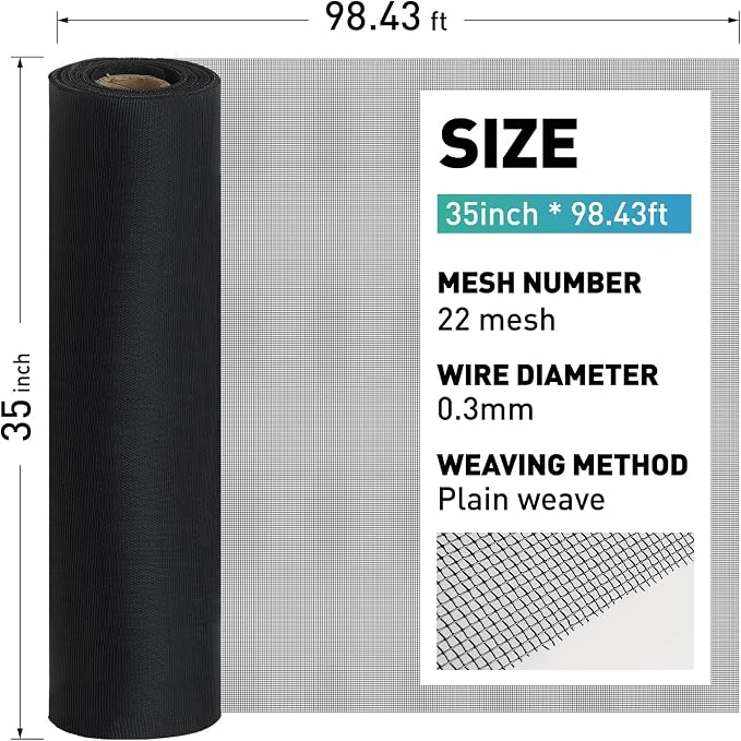 304 Stainless Steel Mesh Window Screen Roll, 35IN x 98.43FT Black Metal Window