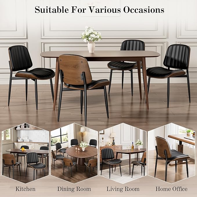 Dining Chairs Set of 8, Mid-Century Modern Upholstered PU Leather Chairs with Walnut Bentwood Back and Metal Legs Adjustable Feet for Kitchen Dining Living Room, Dark Black Vertical Stripes