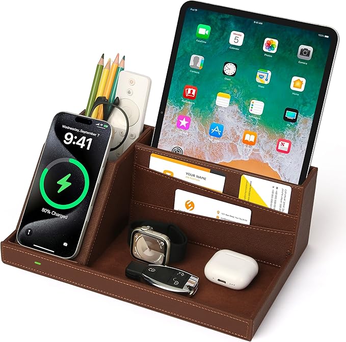 Fast Wireless Charging Station with Desk Organizer for iPhone 17/16/15/15 Pro/14/14 Pro Max/14 Pro/14 Plus/13/13 Pro Max/13 Pro/and iPhone 12/11 Series Nightstand Desktop Organizer for Home Office