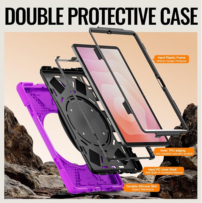 Batianda Heavy Duty Case for Samsung Galaxy Tab S11 2025 11 Inch with 360° Rotating Ring Stand &amp Shoulder Strap Built-in S Pen Holder Shockproof Rugged Multi-Layer Protective Cover Black