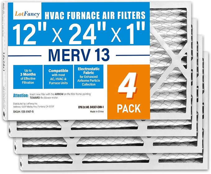 LotFancy 12x24x1 Air Filter MERV 13 4-Pack, Electrostatic Pleated HVAC Furnace