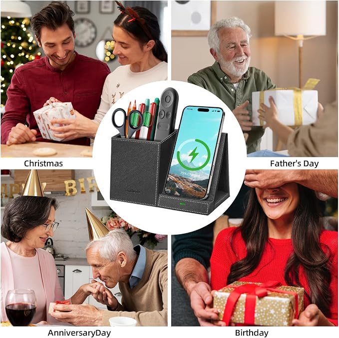TopMade Wireless Charger with Pen Pencil Holder Leather Multifunctional Desk Nightstand Organizer Fast Charging Station Remote Control Holder Office Supplies Desk Accessories Gifts for Men(Black)