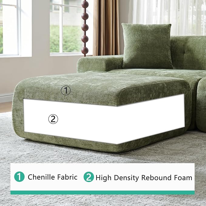LIDYUK 118" Modern L-Shaped Boneless Couch Modular Sectional Sofa for Living Room, Chenille Upholstery Green, Oversized 3-Seater Sectional Couch with Deep Seat and Movable Ottoman, No Assembly