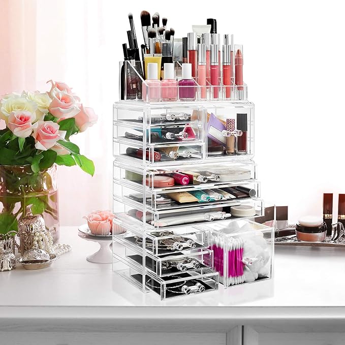 Casafield Acrylic Cosmetic Makeup Organizer & Jewelry Storage Display Case - Large 16 Slot, 2 Box & 9 Drawer Set - Clear